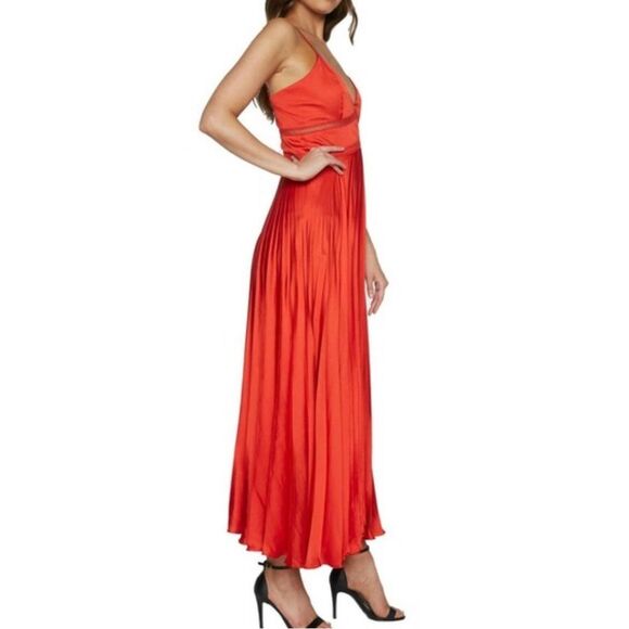 Bardot Red Satin Pleated Lattice Gown Midi Maxi Dress Size 4 Formal - Picture 2 of 13